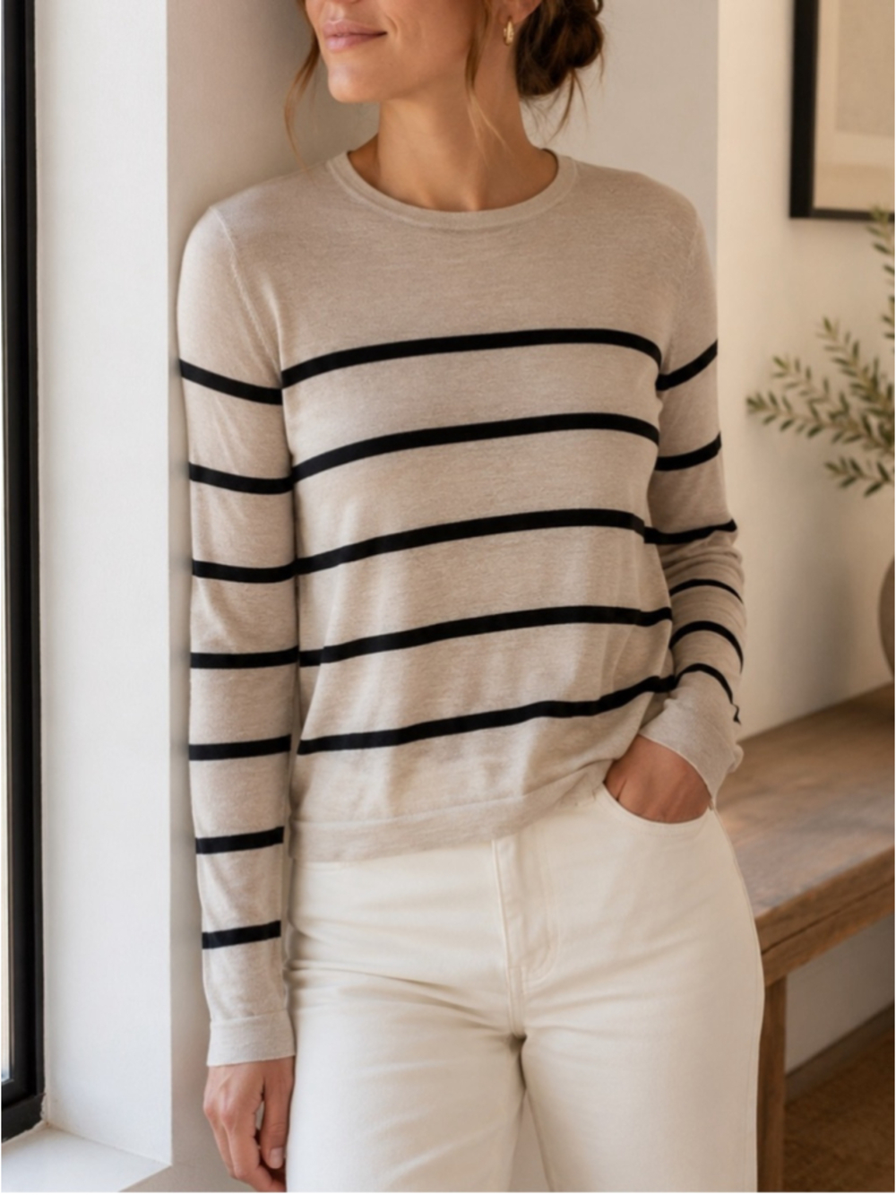 Jenny Kayne 100% Merino Wool Fine Knit Stripe Top Oatmeal Small